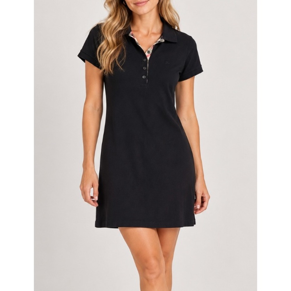 Burberry London Black Pique Polo Dress Nova Check Trim Mini Size S PLEDA45PIO